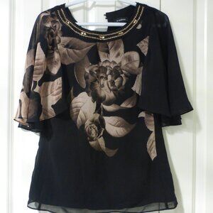 LE CHATEAU black floral chiffon top with gold rhinestones and beads trim